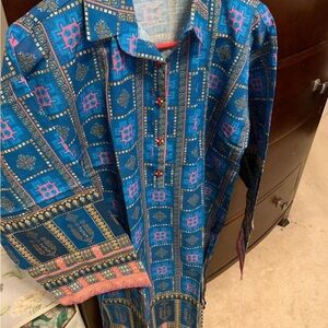 Blue and rust Patterned winter cotton Pakistani dress
